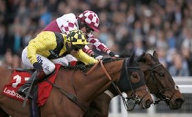 Richard Johnson operating Sternrubin (yellow) and Noel Fehily operating Jolly's Cracked It dead-heat