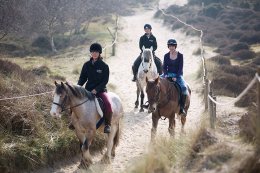 Zoe Williams from the Guardian ridingthrough the dunes at Studland Beach Riding Stables